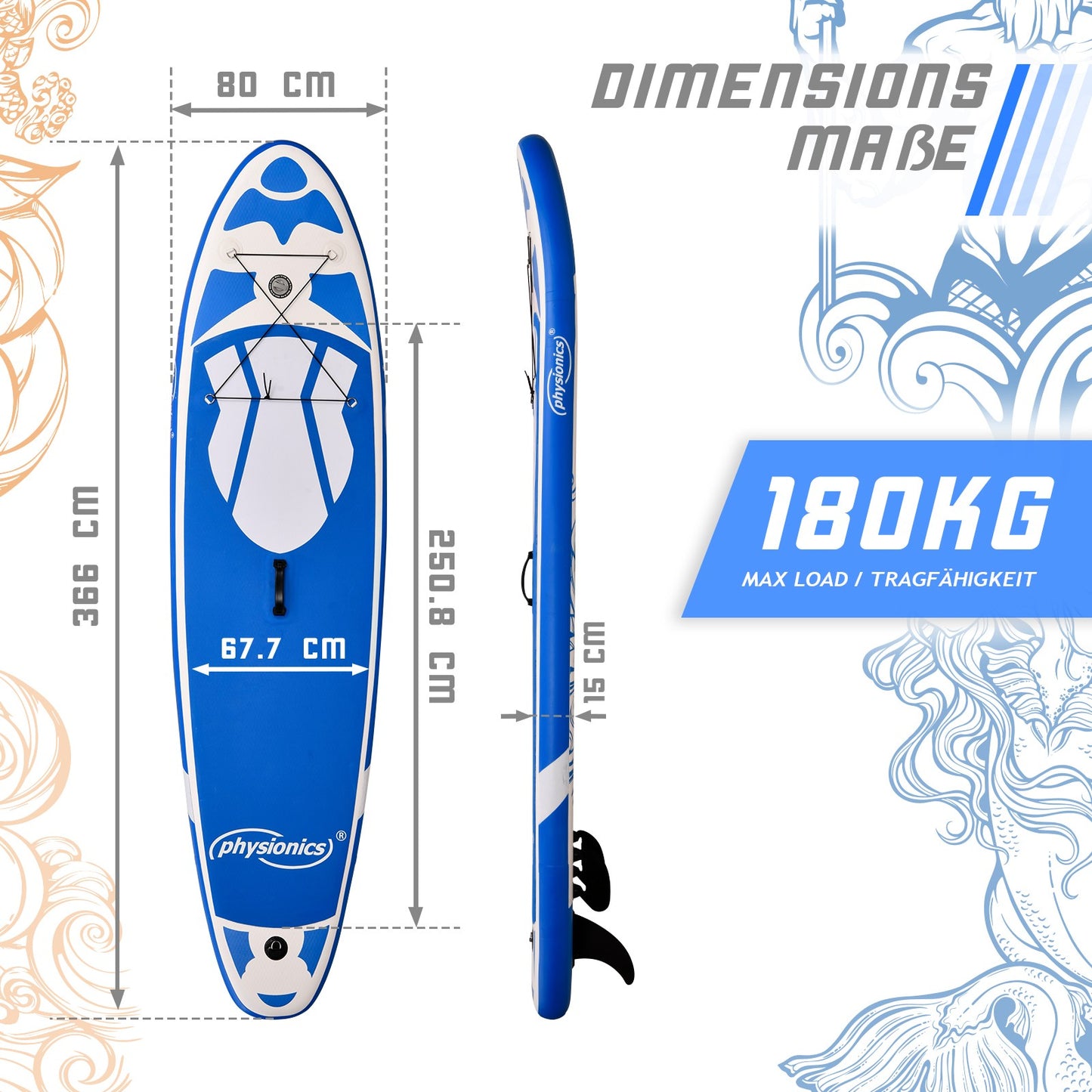 Physionics Sup Board 366 cm Complete Set Blauw