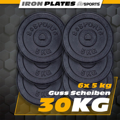 ScSPORTS Halterschijven set 30 kg – 6 x 5 kg Gietijzer – 30 mm