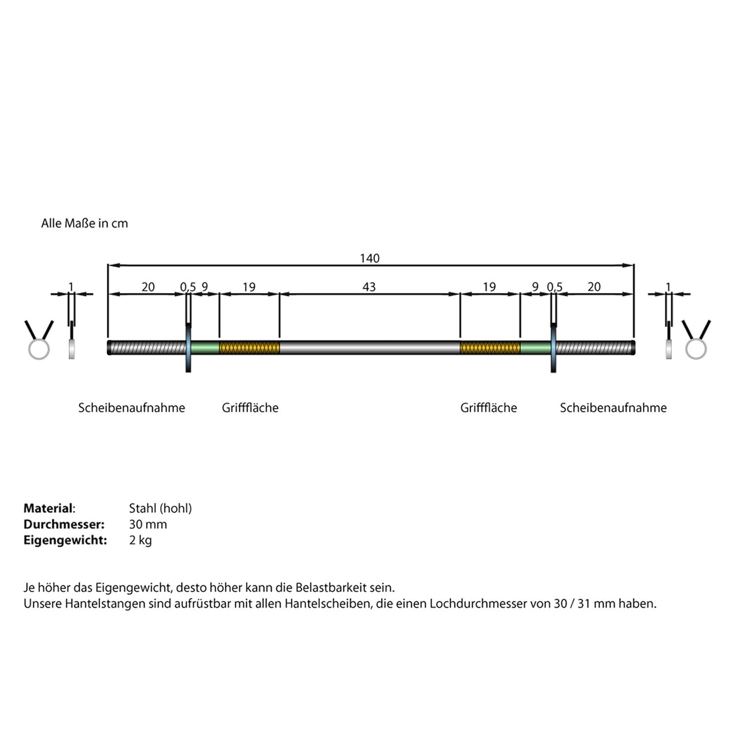 Barre ScSPORTS 140 cm avec verrouillage à ressort - 30 mm