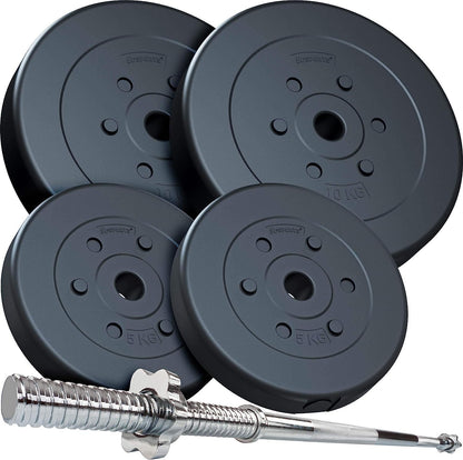 Set d'haltères ScSPORTS 30 kg, haltère longue avec disques de poids, 2 x 5 kg et 2 x 10 kg, disque de poids en plastique, 30 mm, pour un entraînement efficace de fitness et de musculation, poids, disques de poids avec haltère