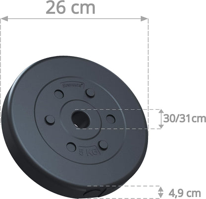 Set d'haltères ScSPORTS 30 kg, haltère longue avec disques de poids, 2 x 5 kg et 2 x 10 kg, disque de poids en plastique, 30 mm, pour un entraînement efficace de fitness et de musculation, poids, disques de poids avec haltère