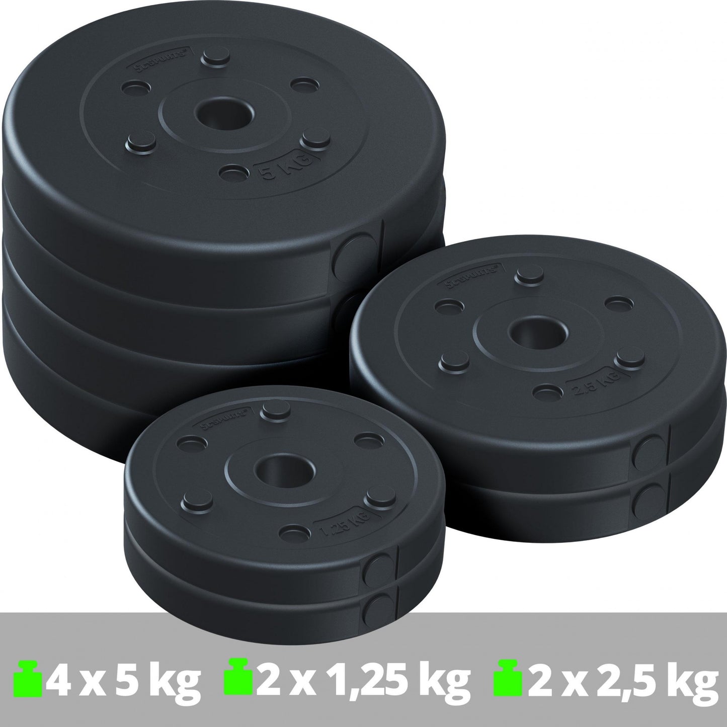 Jeu de disques de poids ScSPORTS 27,5 kg - 4 x 5, 2 x 2,5, 2 x 1,25 kg - Plastique - 30 mm