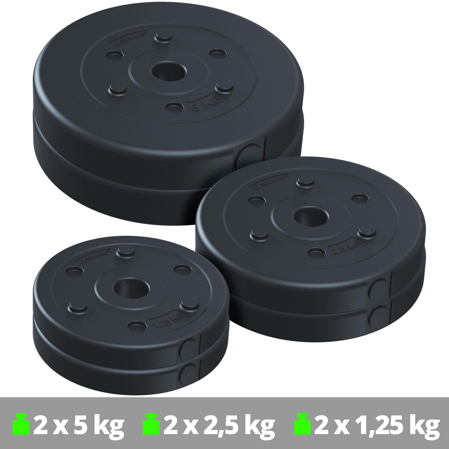 Jeu de disques de poids ScSPORTS 17,5 kg - 2 x 5, 2 x 2,5, 2 x 1,25 kg - Plastique - 30 mm