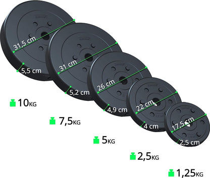 Jeu de disques de poids ScSPORTS 10 kg - 4 x 2,5 kg - Plastique - 30 mm