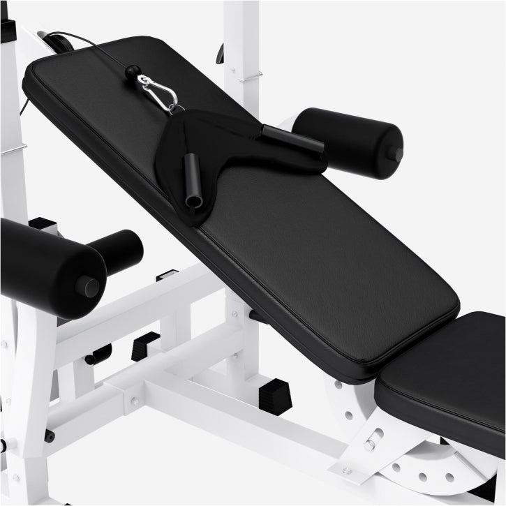 Banc de musculation universel blanc avec barre de 108 kg en fonte