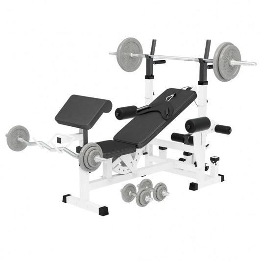 Banc de musculation universel blanc avec barre de 108 kg en fonte