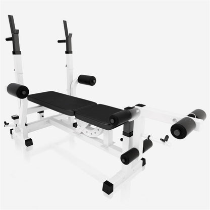 Banc de musculation universel blanc avec barre de 108 kg en fonte