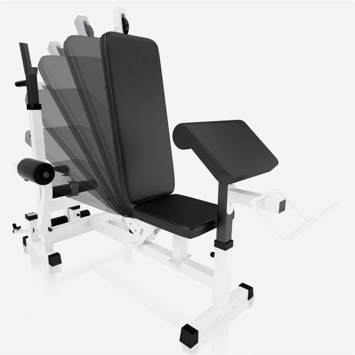 Banc de musculation universel blanc avec barre de 108 kg en fonte