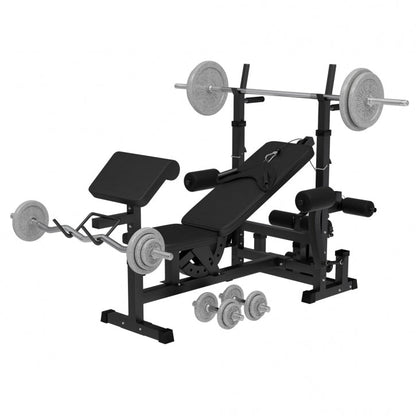 Banc de musculation universel noir avec barre de 108 kg en fonte