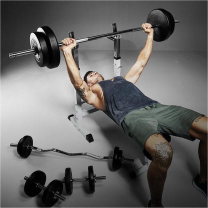 Banc de musculation réglable blanc avec ensemble d'haltères en plastique de 100 kg