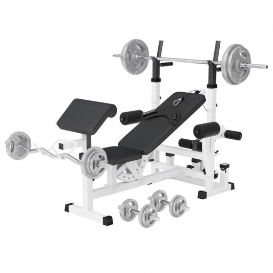 Banc de musculation universel blanc 108 kg avec barre et pince en fonte