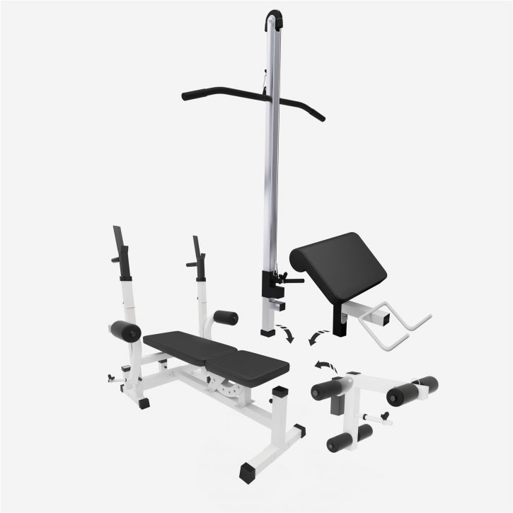 Banc de musculation universel blanc avec poulie latérale 