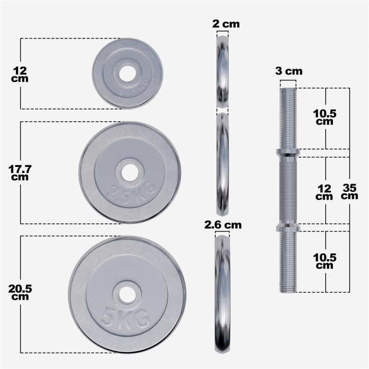 Set d'haltères 20 kg + 2 x 5 kg Chromé - Fermeture à vis 30 mm