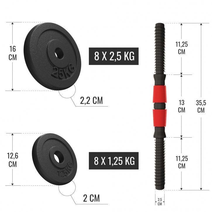 Dumbellset 30 kg gietijzer - 25 mm