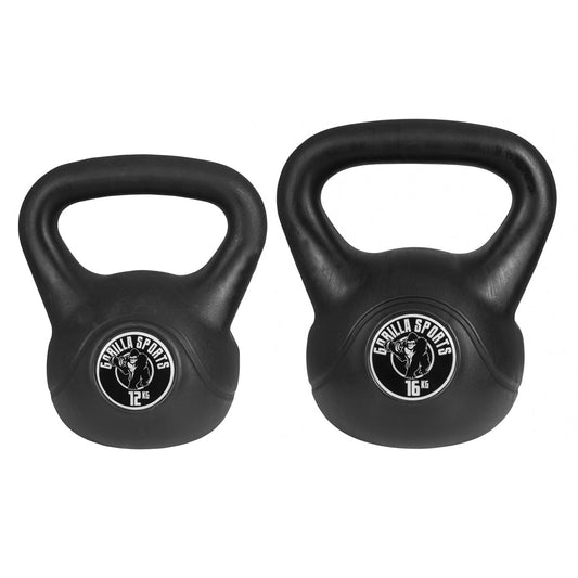 Pack économique Kettlebells 12 et 16 kg en plastique noir