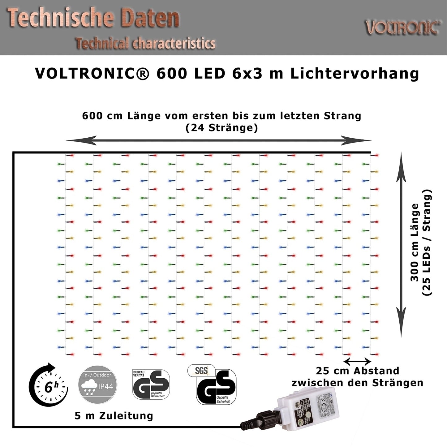 Rideau lumineux VOLTRONIC 600 LED 6 x 3 m | Avec télécommande Blanc chaud