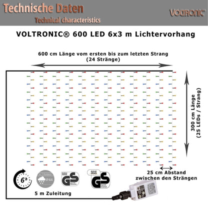 Rideau lumineux VOLTRONIC 600 LED 6 x 3 m | Avec télécommande Blanc chaud