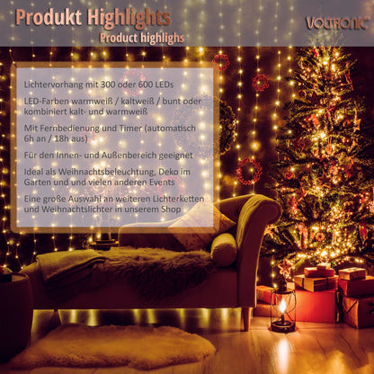 Rideau lumineux VOLTRONIC 600 LED 6 x 3 m | Avec télécommande Blanc chaud