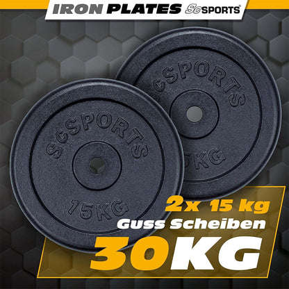 ScSPORTS Halterschijven set 30 kg - 2 x 15 kg - Gietijzer - 30 mm