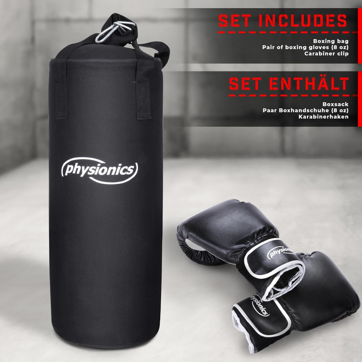 Sac de frappe Physionics pour enfants avec gants de boxe 25 x 60 cm 9 kg