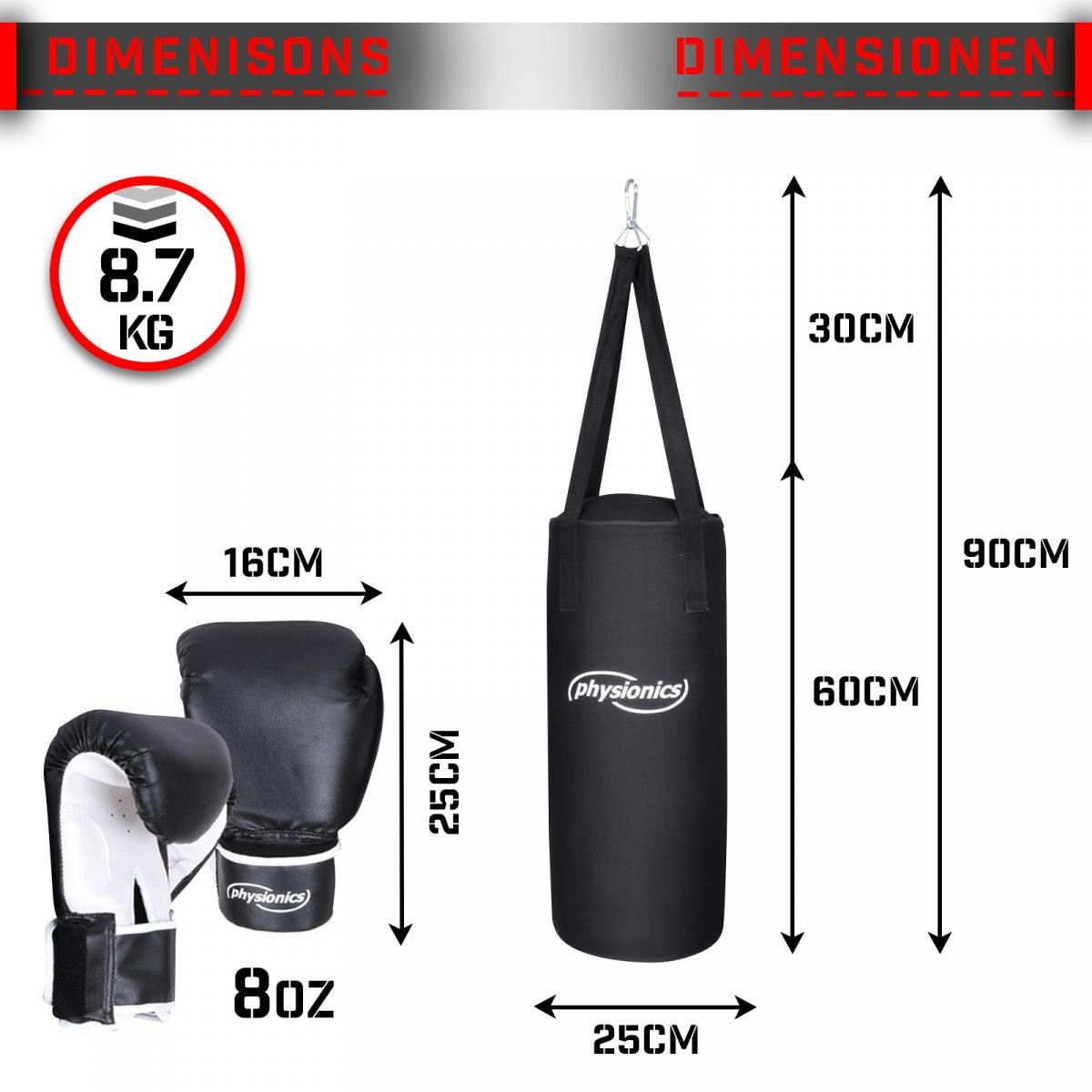 Sac de frappe Physionics pour enfants avec gants de boxe 25 x 60 cm 9 kg