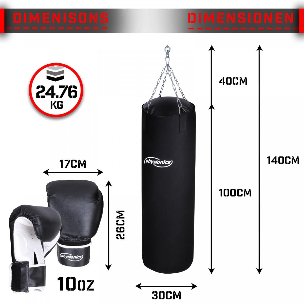 Sac de frappe Physionics avec gants de boxe 100x30cm 25kg