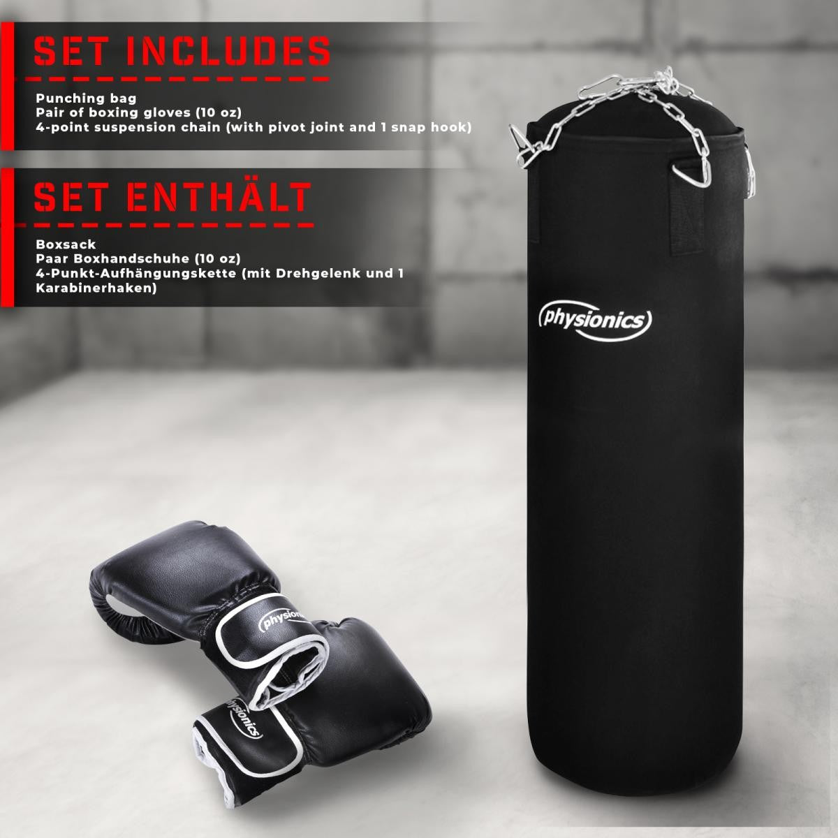 Sac de frappe Physionics avec gants de boxe 100x30cm 25kg