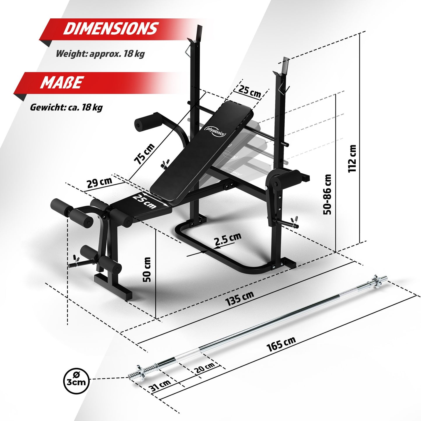 Banc de musculation Physionics avec ensemble d'haltères de 100 kg