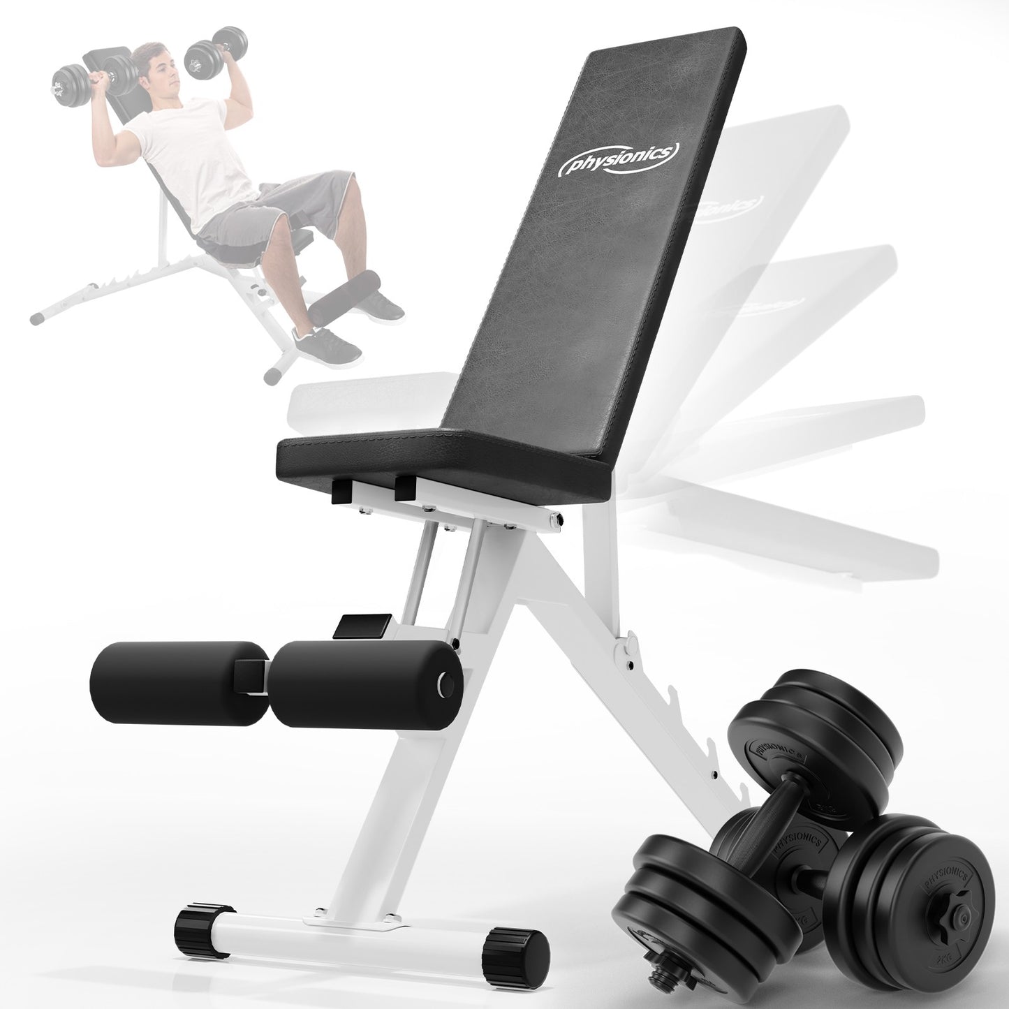 Banc de fitness Physionics blanc avec ensemble d'haltères de 40 kg