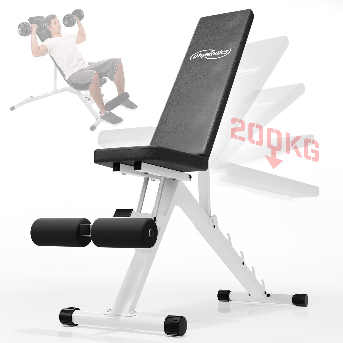 Banc de fitness Physionics blanc avec ensemble d'haltères de 40 kg