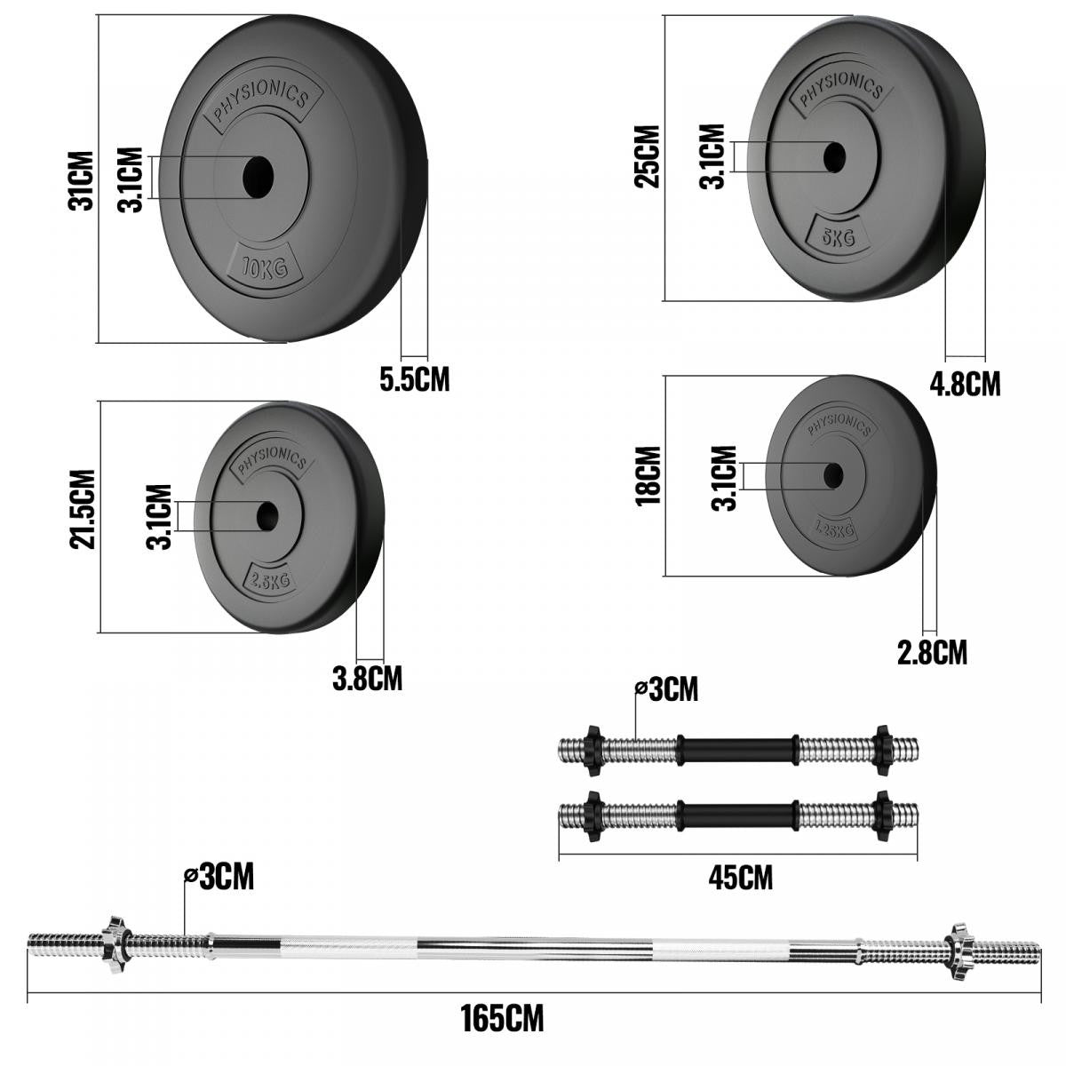 Barres Physionics avec poids 108 kg