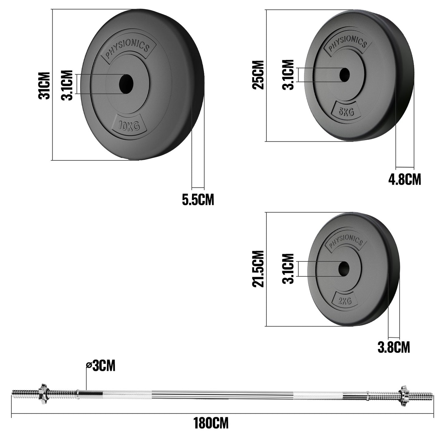 Barre d'haltères Physionics avec poids 100 kg