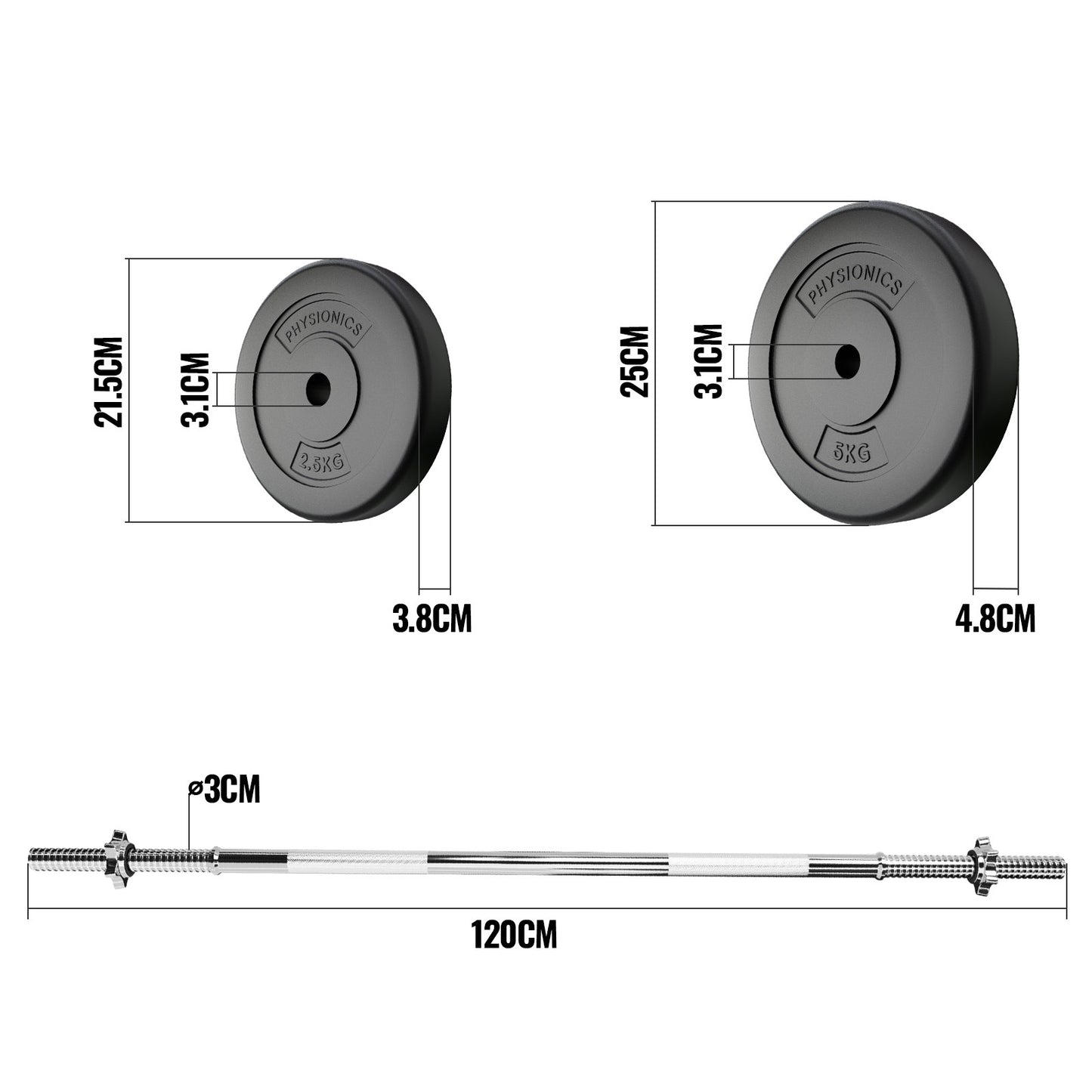 Barre d'haltères Physionics avec poids 20 kg