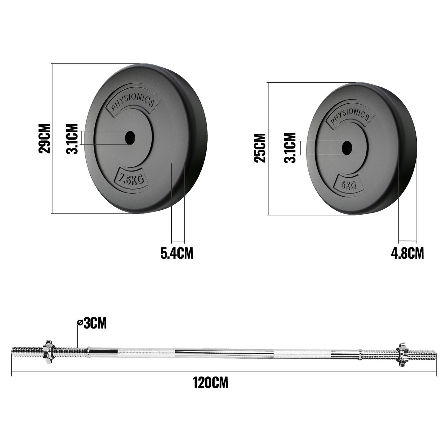 Barre d'haltères Physionics avec poids 30 kg