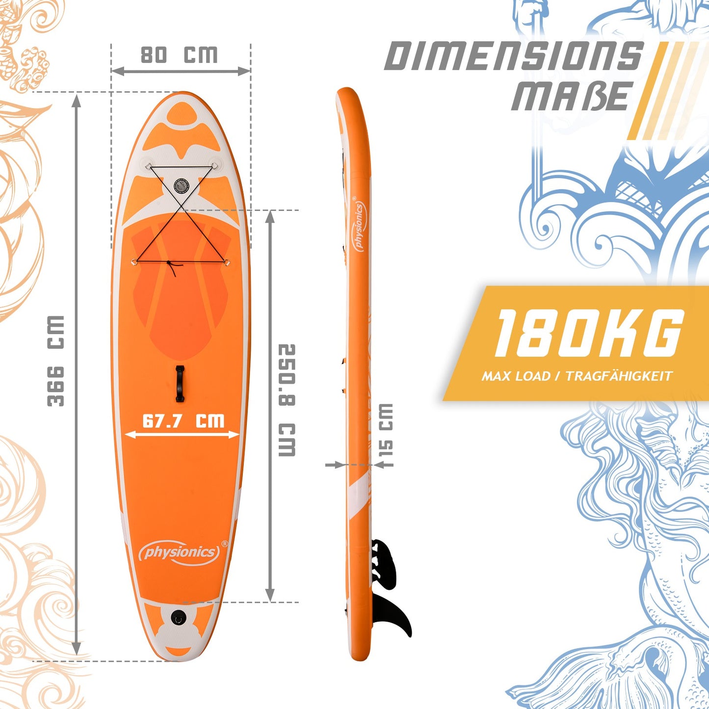 Planche de SUP Physionics 366 cm Ensemble complet Sports nautiques