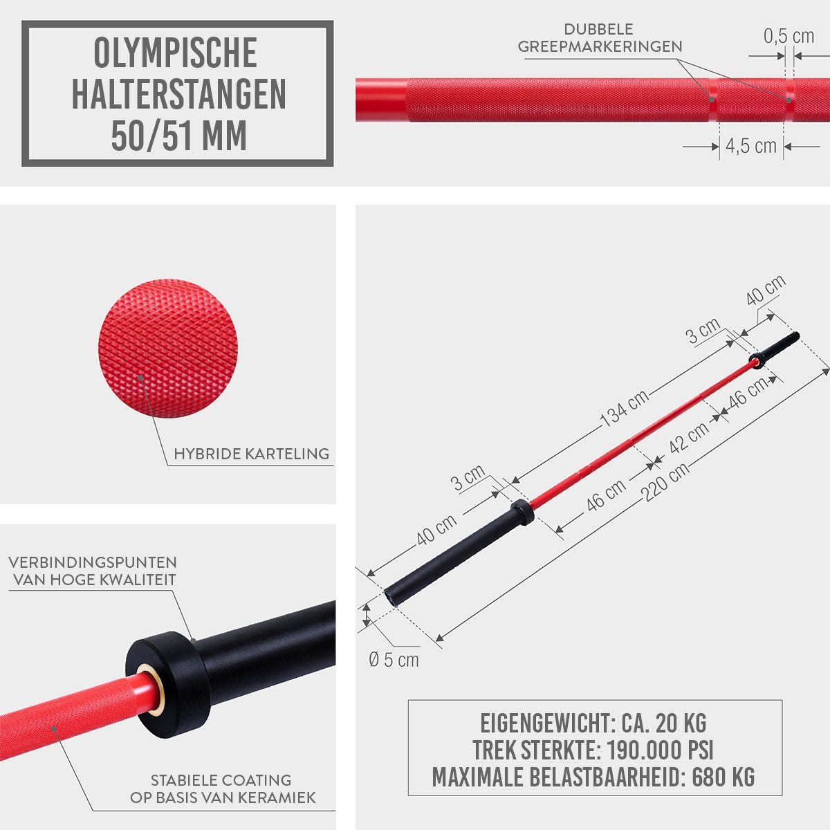 Olympische halterstang 220 cm (50/51 mm) 