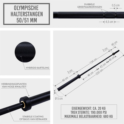 Olympische halterstang 220 cm (50/51 mm) 