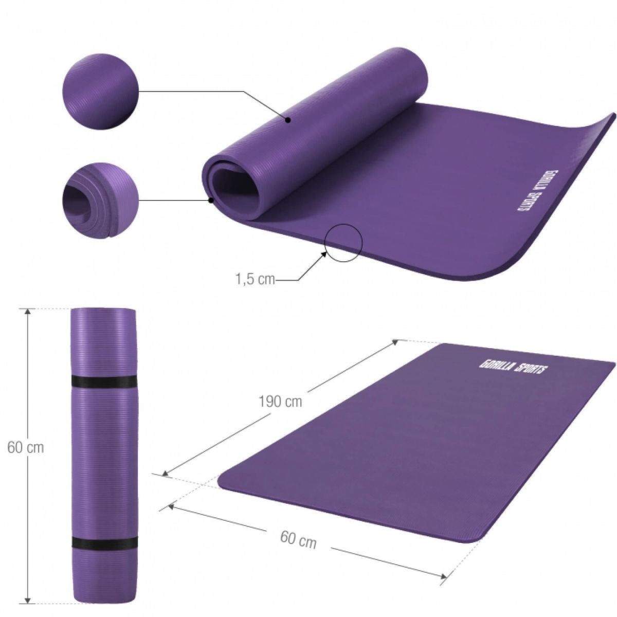 Paars -  Yogamat Deluxe 190 x 60 x 1,5 cm